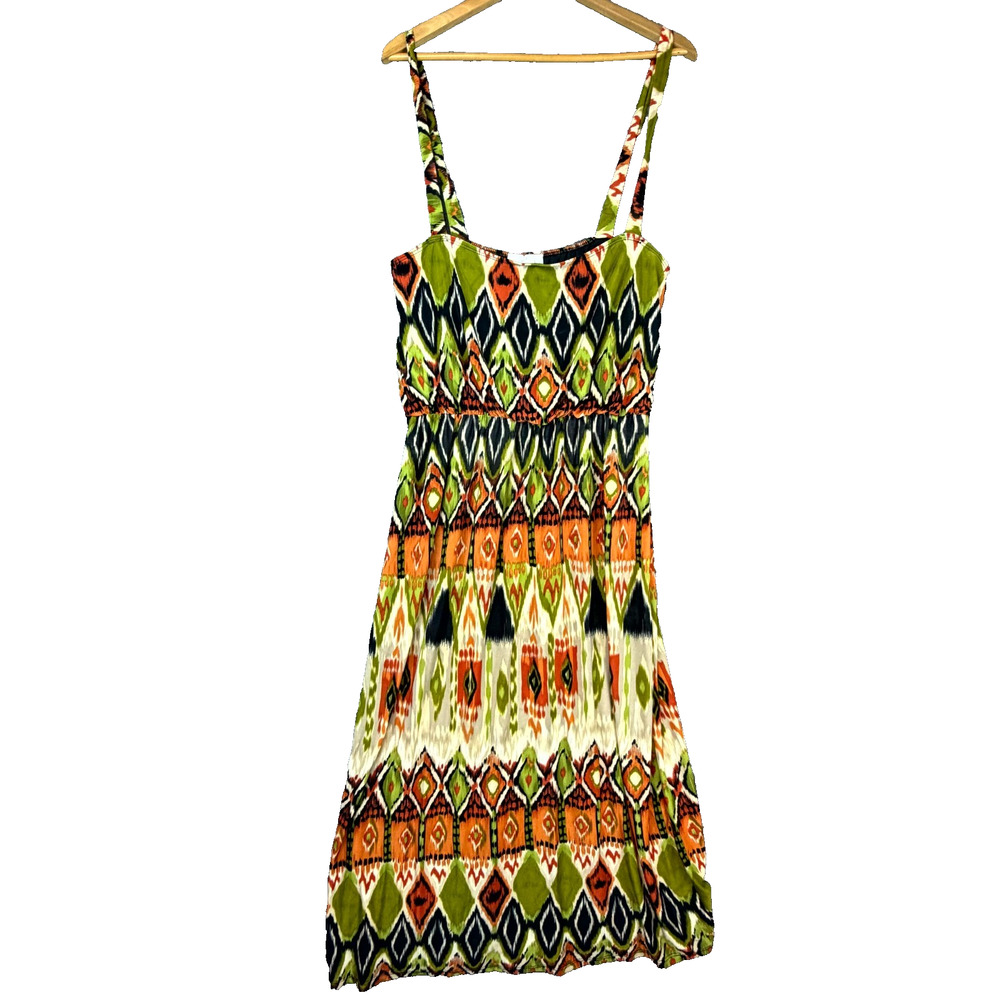 Vintage Olivia Matthews Sun Dress Womens Med Green Orange Earthy Granola Tribal